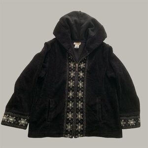 Vintage Black and White Zip Up Fleece Snowflake Hoodie Size Large